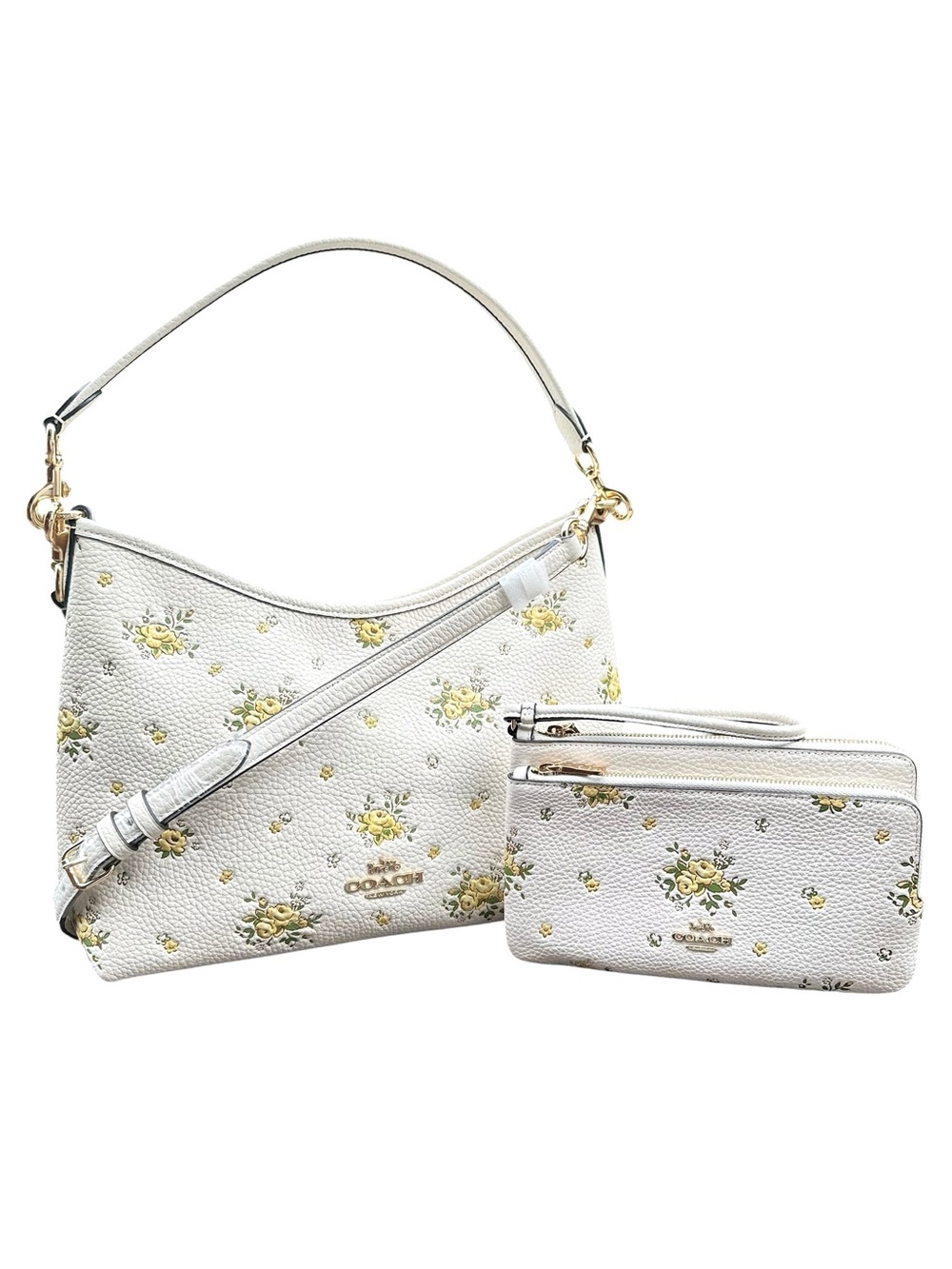 COACH White Laurel Pebbled Leather Floral Shoulder Bag & Cay51 Wristlet Set NWOT